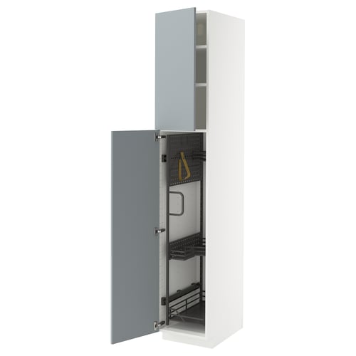 A white METOD kitchen cabinet with high-gloss grey-blue kallarp doors, one door open revealing interior organisers.