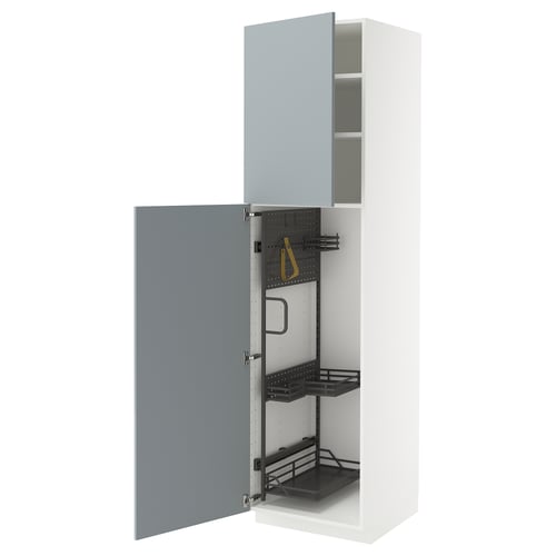 A white and grey-blue high cabinet from the METOD kitchen system. The door has a high-gloss finish and the cabinet pull-out organisers.
