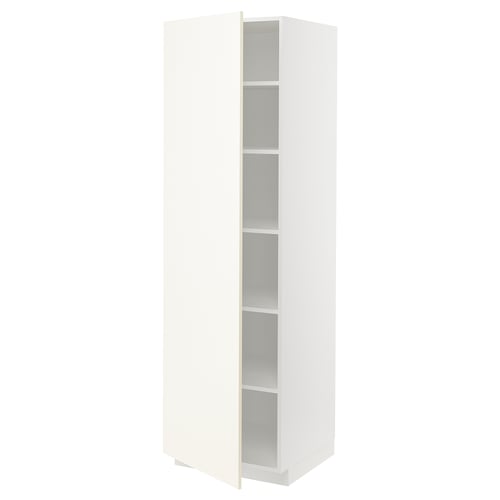 White ikea METOD kitchen cabinet with open door and shelves.
