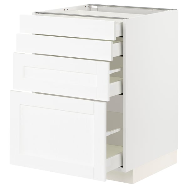 METOD white kitchen unit, three drawers, sleek design, wooden look, durable material.