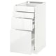 White kitchen cabinet with 3 shiny drawers and sleek handles.
