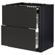Black kitchen cabinet with drawers, dark wood grain finish, square shape, modern design.