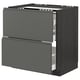A modern dark grey kitchen cabinet set with integrated handles. It two drawers with a sleek, minimalist design.