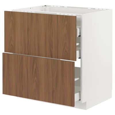 METOD / MAXIMERA Base cab f hob/2 fronts/3 drawers, white/Tistorp brown walnut effect, 80x60 cm