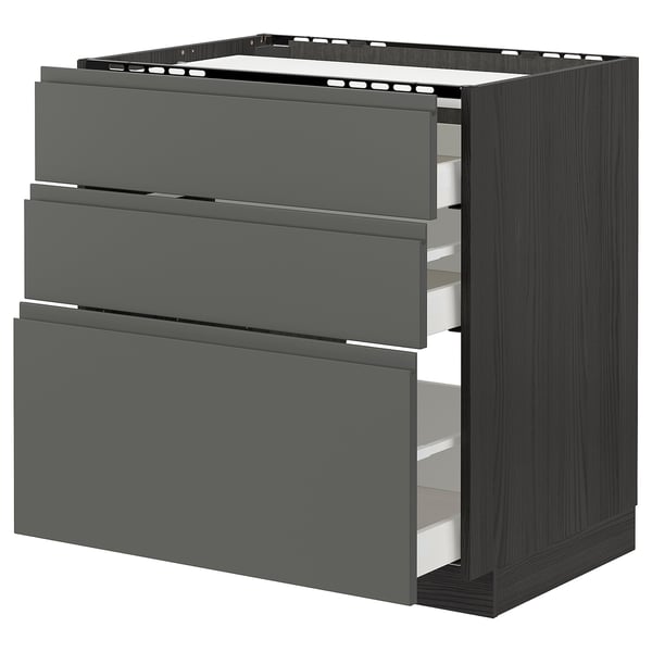 Modern dark grey kitchen unit with three drawers, sleek handles, and sturdy wooden frame.