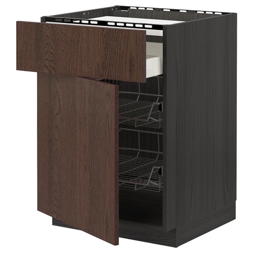 Modern dark brown kitchen cabinet with oak veneer, featuring multiple pull-out shelves, ideal for organising kitchen tools and items.