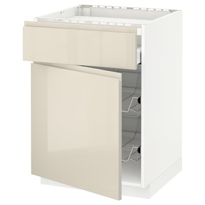 White METOD kitchen unit, beige glossy drawer, wire rack, sleek handles.