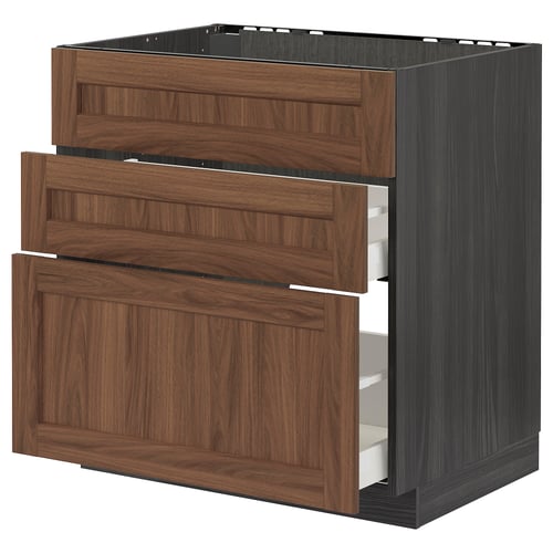 METOD kitchen unit with walnut-effect drawers and dark frame. Multiple drawers for storage, showcasing a sleek, modern design.