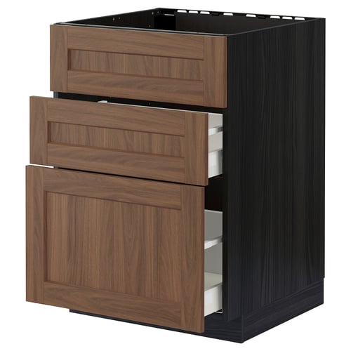 A dark brown wooden kitchen cabinet with two open drawers.