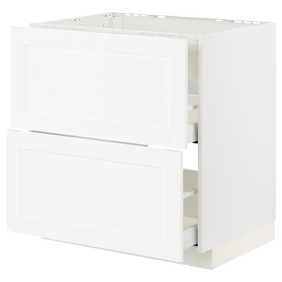 White METOD kitchen cabinet with 3 drawers, modern minimalist design.
