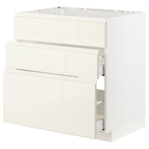 White METOD kitchen unit, high gloss, three-drawer design.