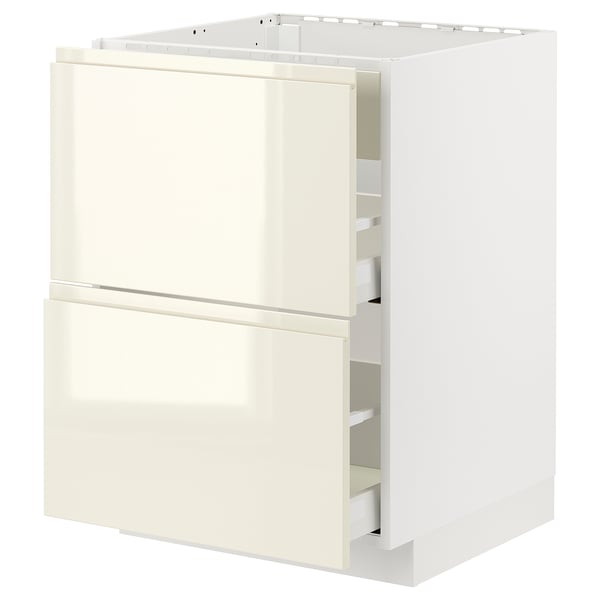 METOD / MAXIMERA Base cab f hob/int extractor w drw, white/Voxtorp high-gloss light beige, 60x60 cm