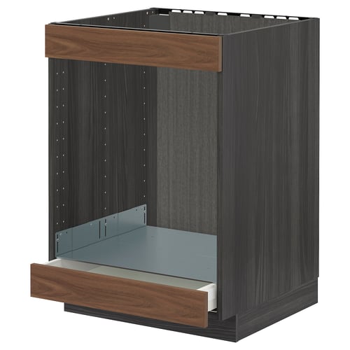 Ikea METOD kitchen cabinet in dark wood with open drawer. Modern, durable, walnut finish. Metal and wood construction.