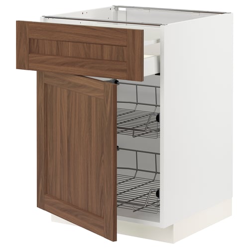 METOD kitchen cabinet with walnut finish, pull-out wire basket, side-mounted door, white frame.