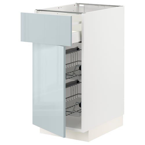 A METOD kitchen cabinet with a high-gloss grey-blue door and wire shelves.