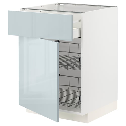 White METOD kitchen cabinet with blue-gray high-gloss drawer, wire shelves.