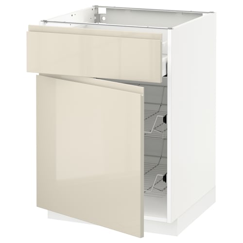 Modern beige METOD kitchen cabinet with glossy finish, two open drawers, wire racks, sleek design.