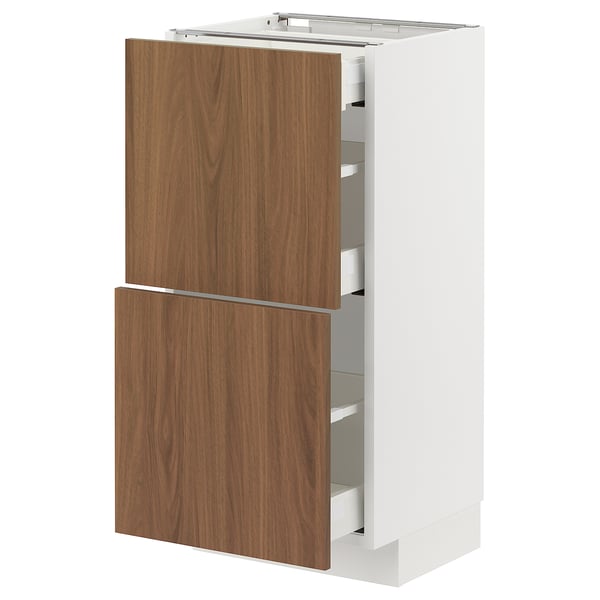 METOD / MAXIMERA Base cab with 2 fronts/3 drawers, white/Tistorp brown walnut effect, 40x37 cm