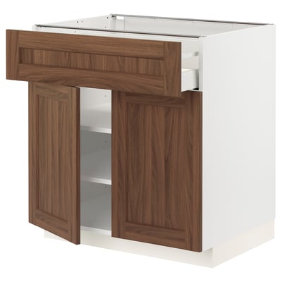 METOD / MAXIMERA Base cabinet with drawer/2 doors, white Enköping/brown walnut effect, 80x60 cm