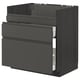 Modern black kitchen cabinet with three drawers and sleek handles.