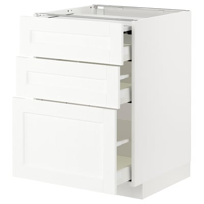 METOD kitchen cabinet in white with three drawers, sleek design, self-closing drawers.