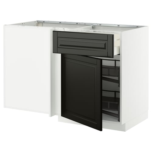Modern kitchen unit with black bevelled doors and a white top, featuring a pull-out shelf.