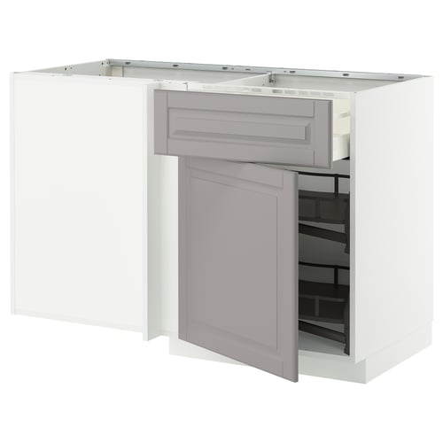 Modern grey kitchen cabinet with open drawer and shelves, white background.