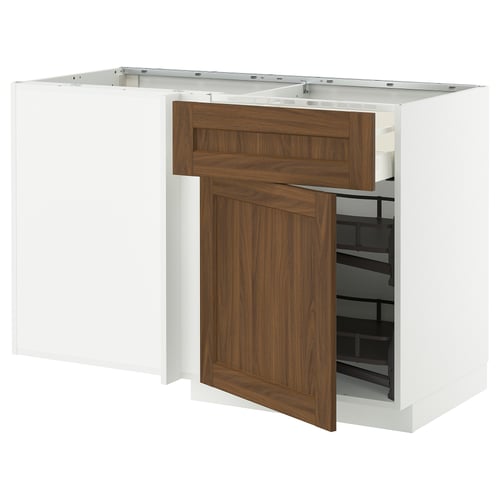 Modern kitchen cabinet: METOD with walnut-like fronts, white frame, one open drawer.