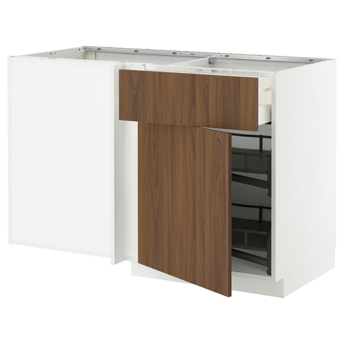 A white METOD kitchen cabinet with a wooden front door, featuring a sleek modern design with a walnut finish.