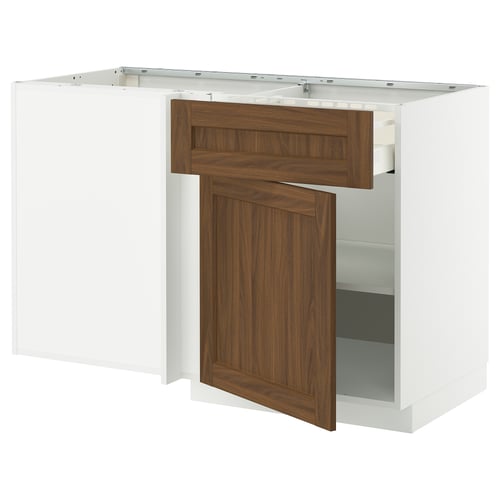 White and walnut kitchen cabinet with adjustable shelves. Modern design, wooden texture, open storage.