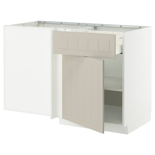 METOD kitchen unit in beige, white frame, wide drawer, clean design.