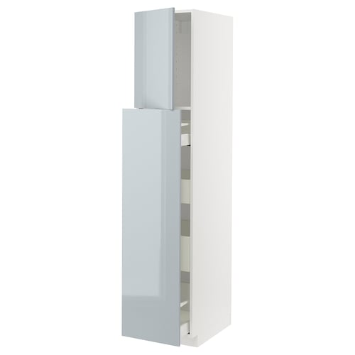 A modern, tall white cabinet from IKEAs METOD kitchen system with high-gloss grey-blue kallarp doors, featuring soft-closing drawers.