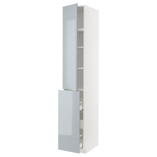 Modern high-gloss grey-blue kitchen cabinet with adjustable shelves and drawers.