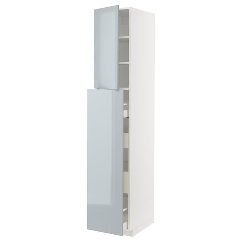 A white ikea METOD kitchen cabinet with grey-blue high-gloss doors, containing shelves and drawers.
