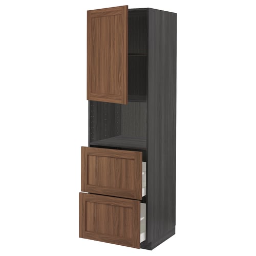 Walnut-finished METOD kitchen cabinet with open top, two drawers, and soft-close feature.
