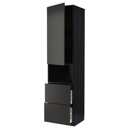 Black METOD kitchen cabinet with drawers and open shelving.