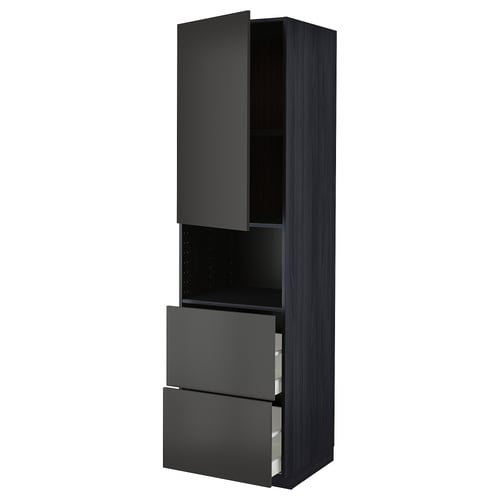 Black METOD kitchen unit with open top cabinet and two drawers, modern design.