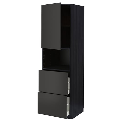 Black METOD kitchen cabinet with drawers, modern design, dark finish, sleek handles.