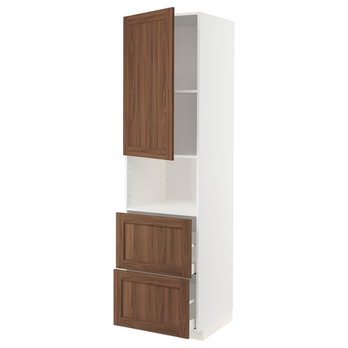 METOD kitchen unit with walnut-style doors and white cabinet, modern design.