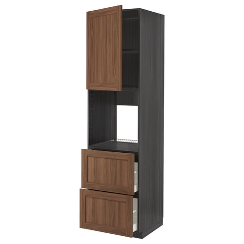METOD kitchen unit with walnut front, tall, two drawers, and one shelf.