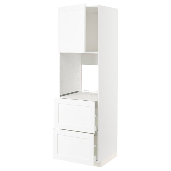 METOD white kitchen unit: 3 tall cabinets with 2 drawers, smooth hinges, adjustable shelf, minimalist design.