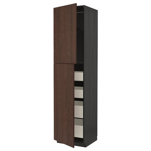 Dark brown tall kitchen cabinet with wood trim and multiple drawers.