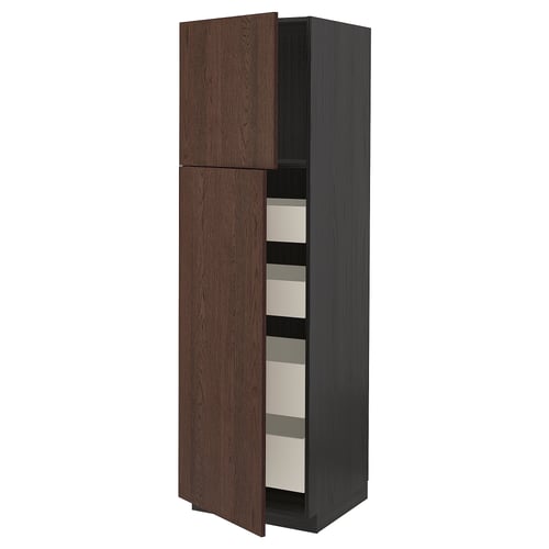 A modern, tall, dark brown storage cabinet with multiple drawers and a wooden texture, part of the METOD kitchen system.