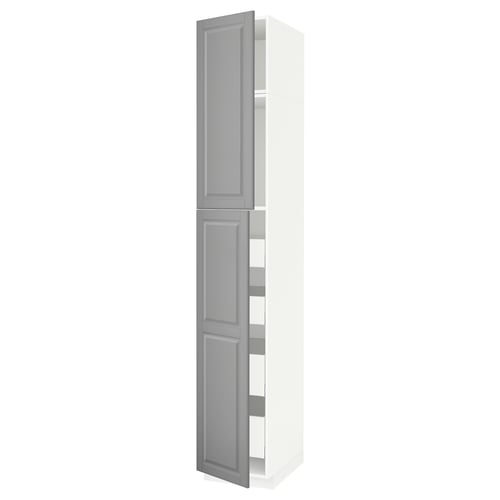 METOD kitchen cabinet. Tall white unit, grey doors with bevelled edges.