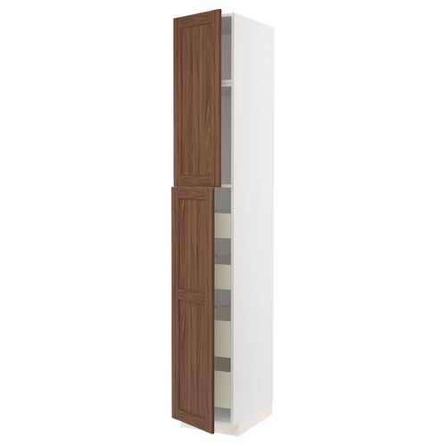 Image description: white tall kitchen cabinet with wooden doors, featuring multiple shelves inside.