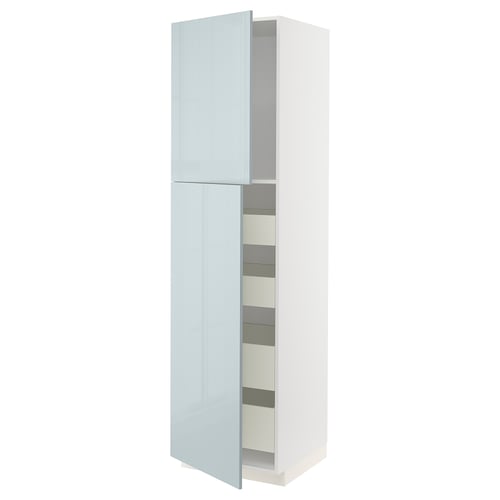 Modern kitchen cabinet, METOD series, high-gloss grey-blue, tall unit with shelves, sleek design.