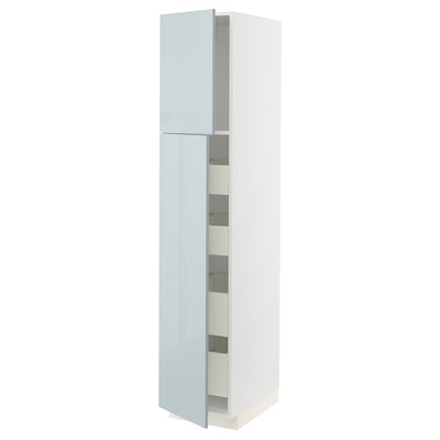 METOD high gloss gray-blue kitchen cabinet with one open door revealing shelves.