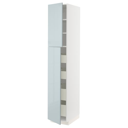 Modern high gloss blue cabinet, tall and slim with multiple shelves and drawers.
