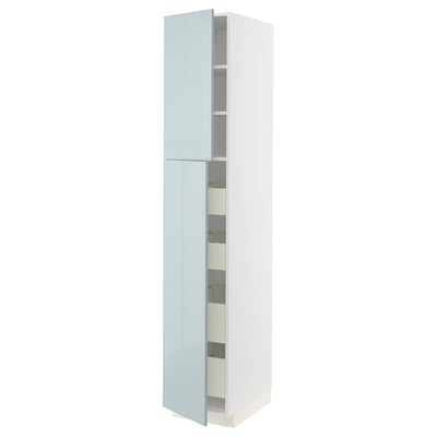 Modern high gloss blue cabinet, tall and slim with multiple shelves and drawers.
