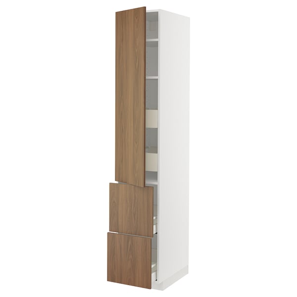 METOD / MAXIMERA Hi cab w shlvs/4 drawers/dr/2 frnts, white/Tistorp brown walnut effect, 40x60x220 cm